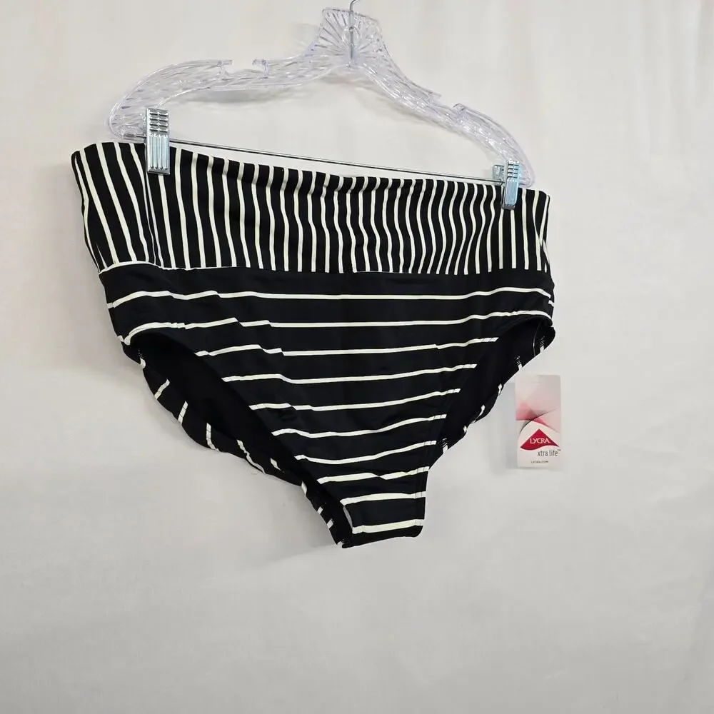 Lands' End Bikini Bottom Swim Briefs Women's 1X Black White Stripe Beach NWT